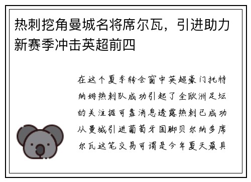 热刺挖角曼城名将席尔瓦，引进助力新赛季冲击英超前四