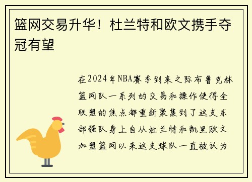 篮网交易升华！杜兰特和欧文携手夺冠有望